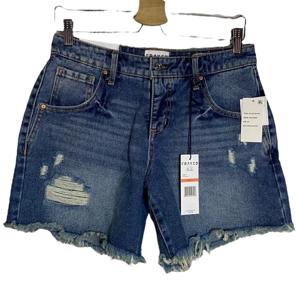 Frayed Mid Rise Midi Denim Jean Shorts Distressed Ripped Raw Hem Blue Wash 26